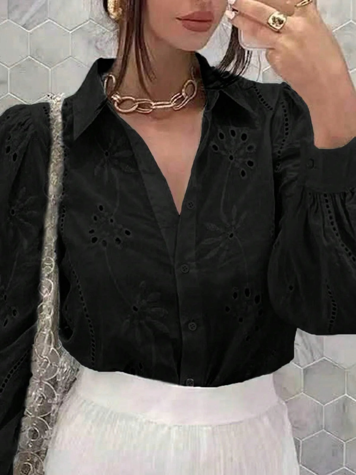 Antique Flower Stitching Hollow Out Puff Sleeve Boho Top