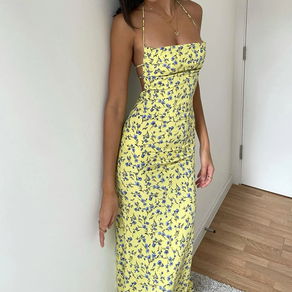 Tie-Up Halter Flower Open-Back Bodycon Dress