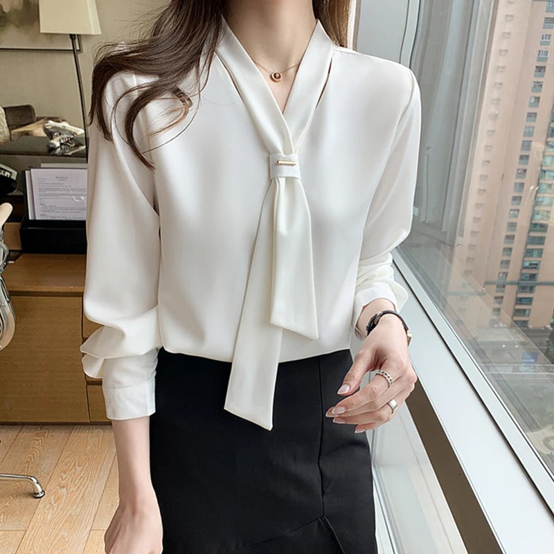 Sheer Plunging Neckline Bow Relaxed Full Sleeve Ivory Top
