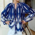 Navy Stitched Lantern Sleeve Ethnic Boho Top
