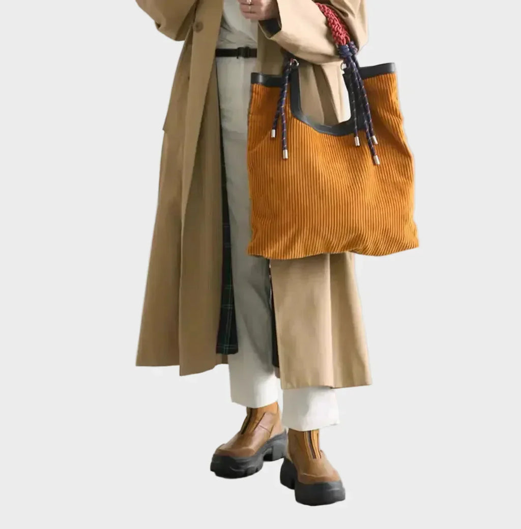 Corduroy Braided Rope Handle Leather Trim Oversized Tote Bag