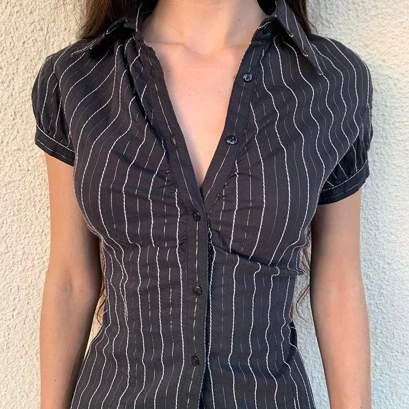 Patterned French Button-Up Fold-down Collar Blouse