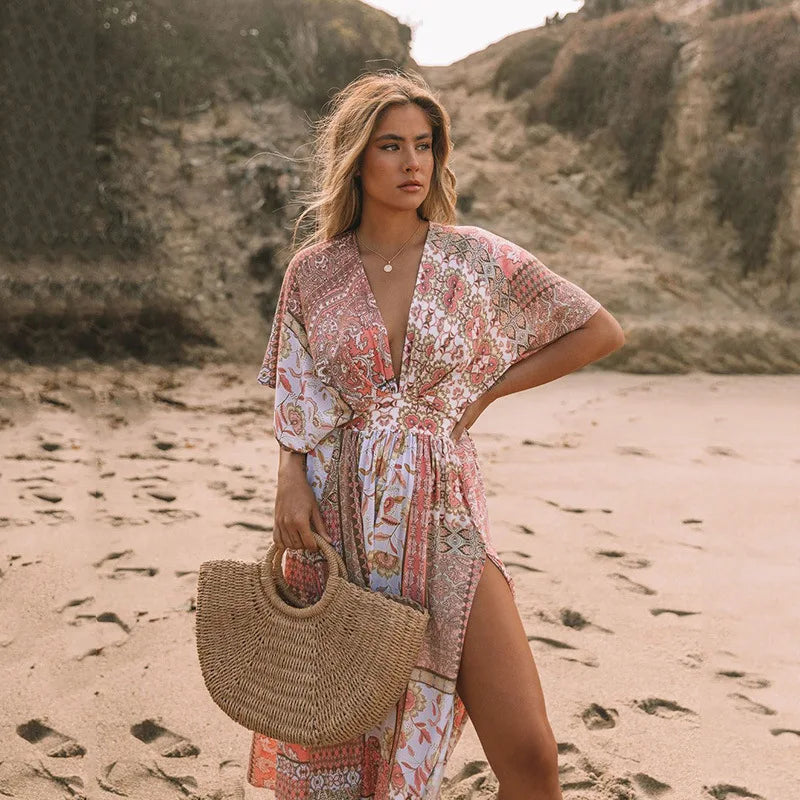 Flower Smock Gown Chiffon Swimsuit Cover Up Bohemian Dress