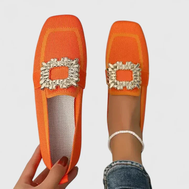 Jewel Buckle Contrast Trim Knit Square Toe Loafer