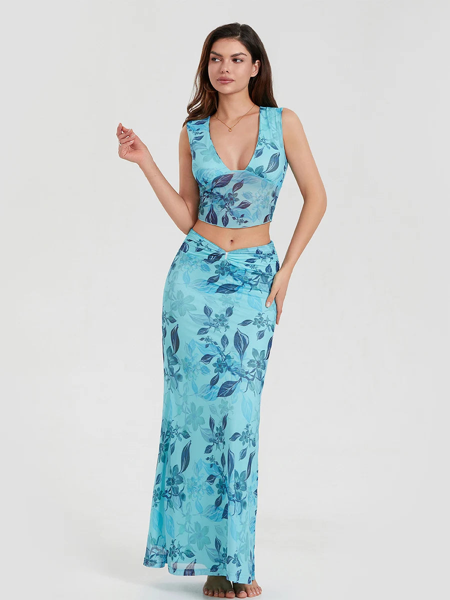 Bohemian Azure Floral Back Bandage Crop Tank Wrap Lengthy Floral Dress