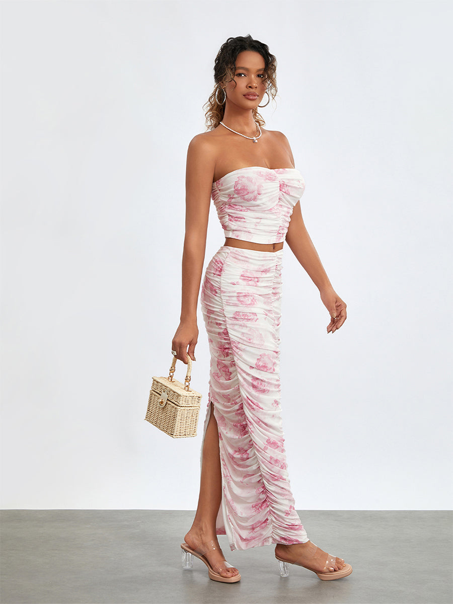 Stylish Off-Shoulder Tube Top Wrap Long Floral Skirt Set