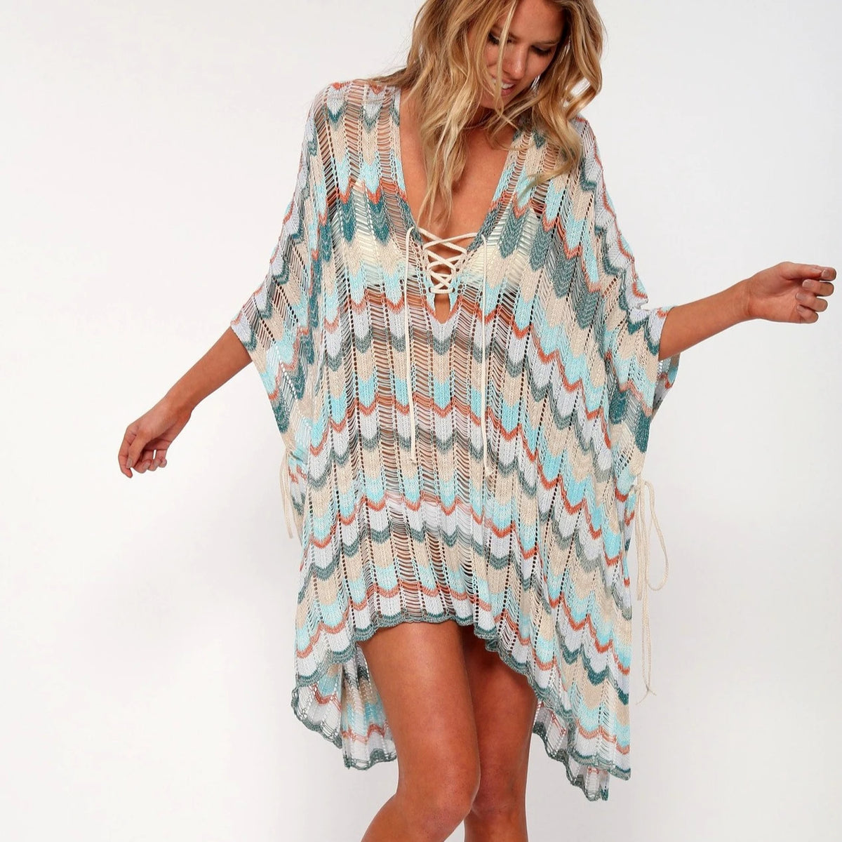 Soft Crochet Tunic Plunging Neckline Bohemian Seaside Cover up