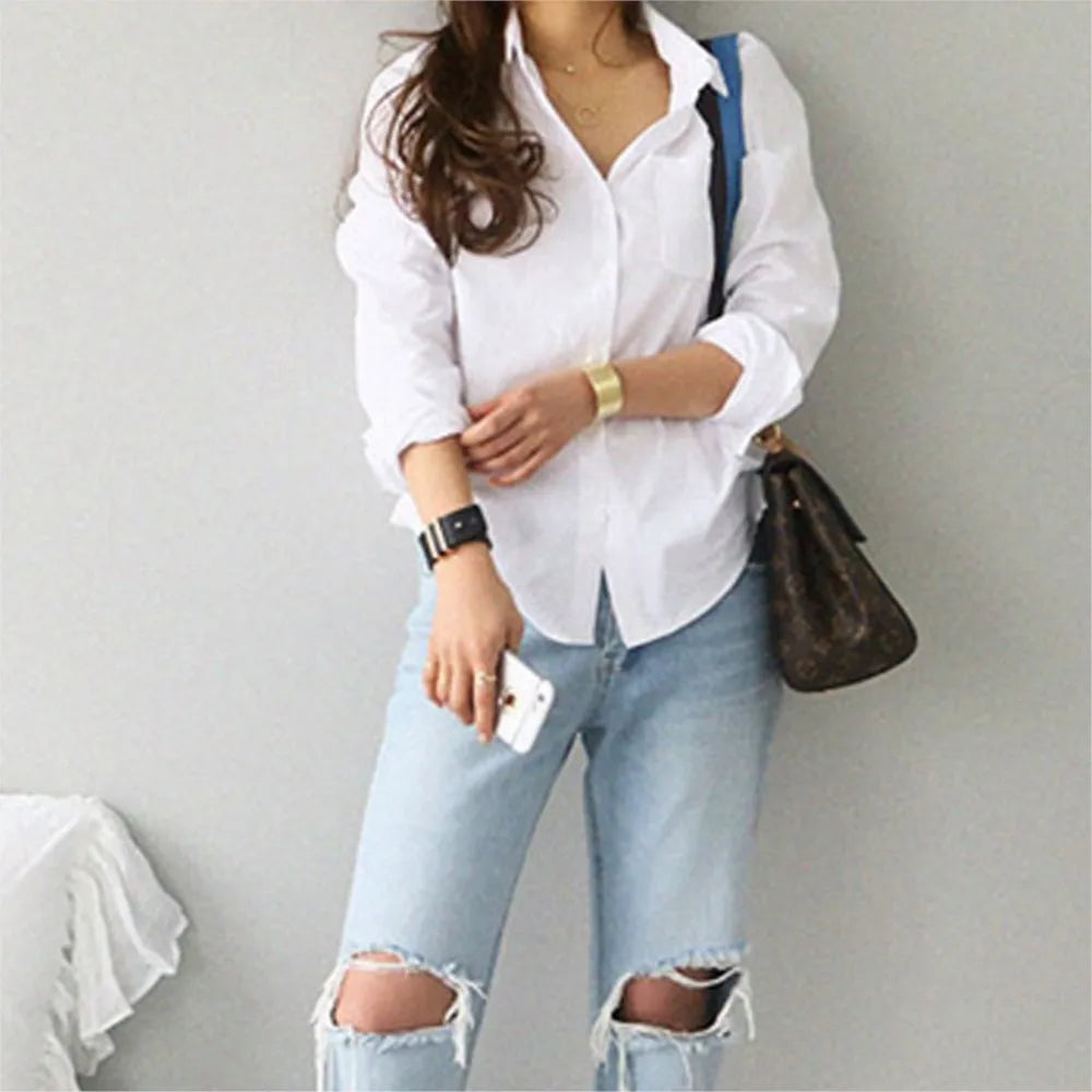 White Cotton Extended Sleeve Informal Women's Top