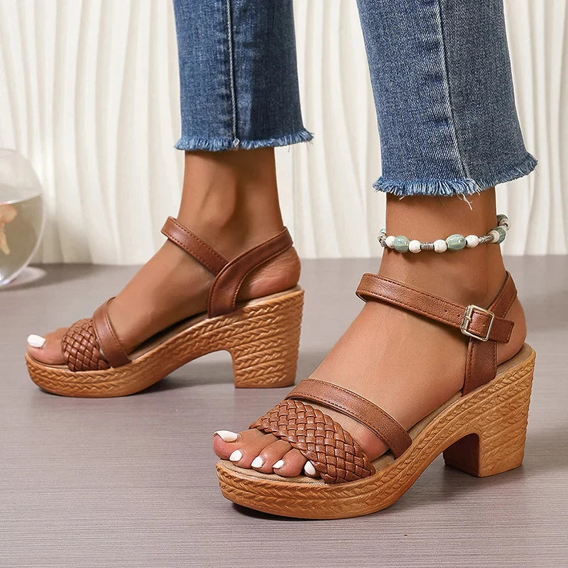 Woven Toe Strap Ankle Buckle Platform Block Heel Sandal