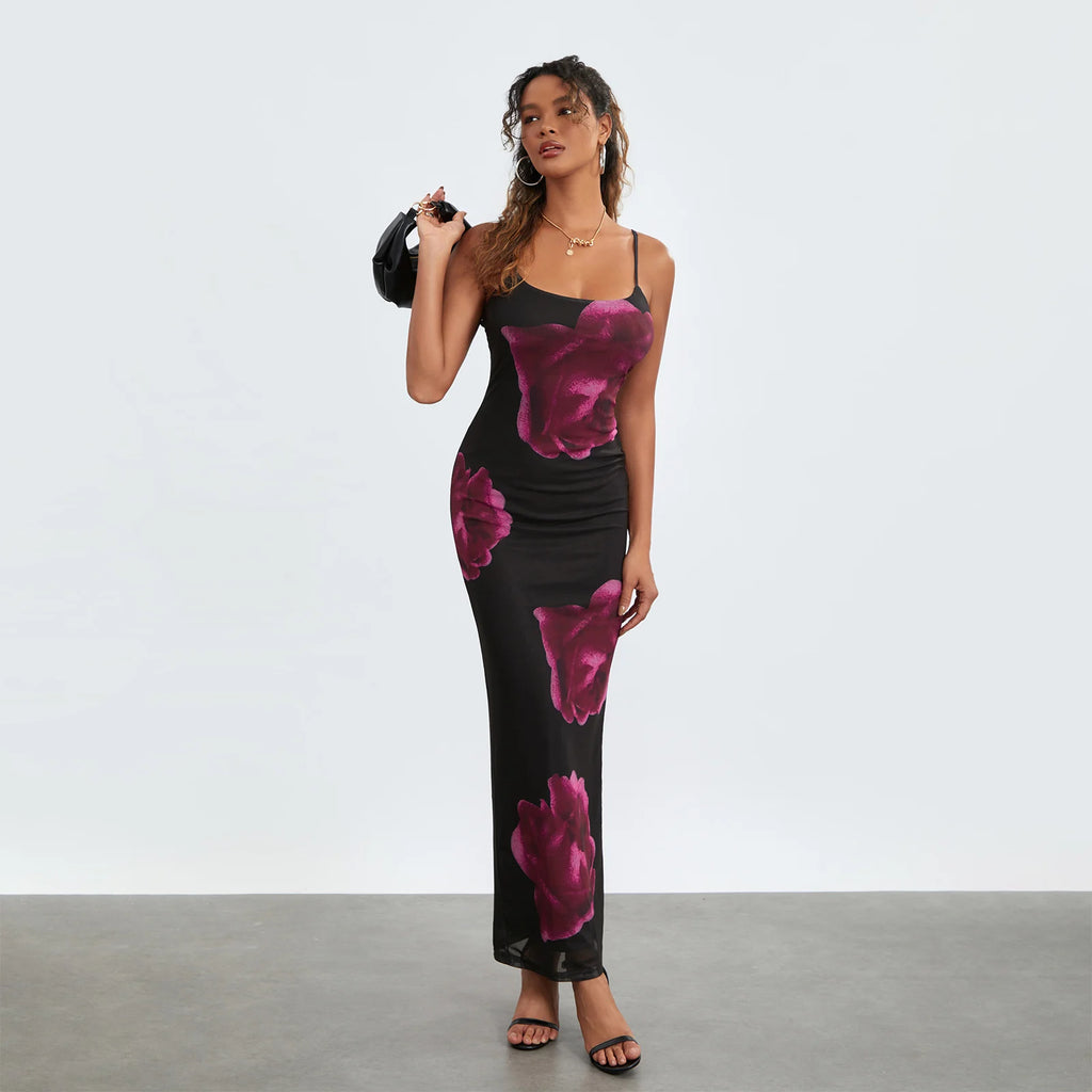 Strapless Spaghetti Strap Flower Split Back Hem Dress