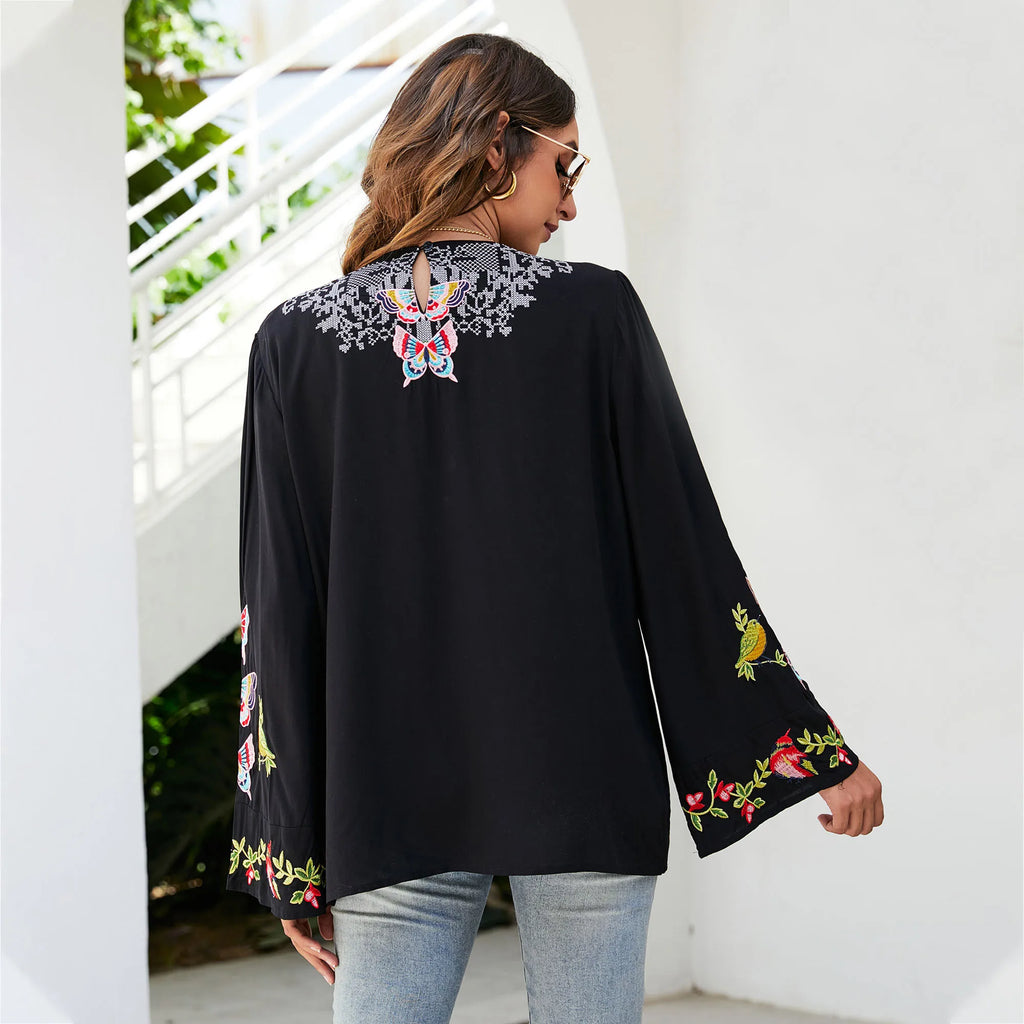 Large Flower Embroidery Baggy Cotton Boho Top