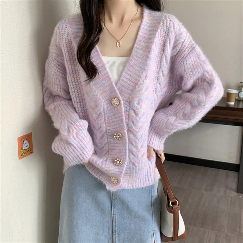 Vibrant Button Patchwork Baggy Knit Cardigan