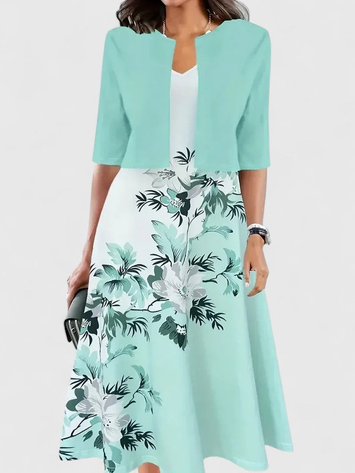 Floral Print Colorblock Notch Neck A Line Midi Dress