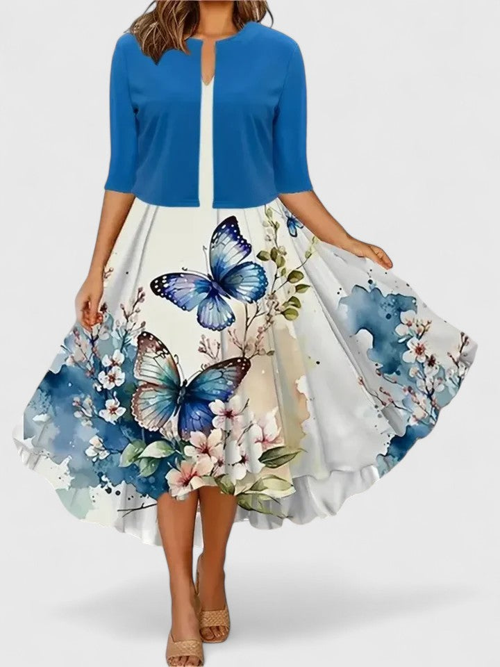 Floral Print Colorblock Notch Neck A Line Midi Dress