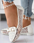 Floral Lace Embroidered Bow Buckle Round Toe Ballet Flat
