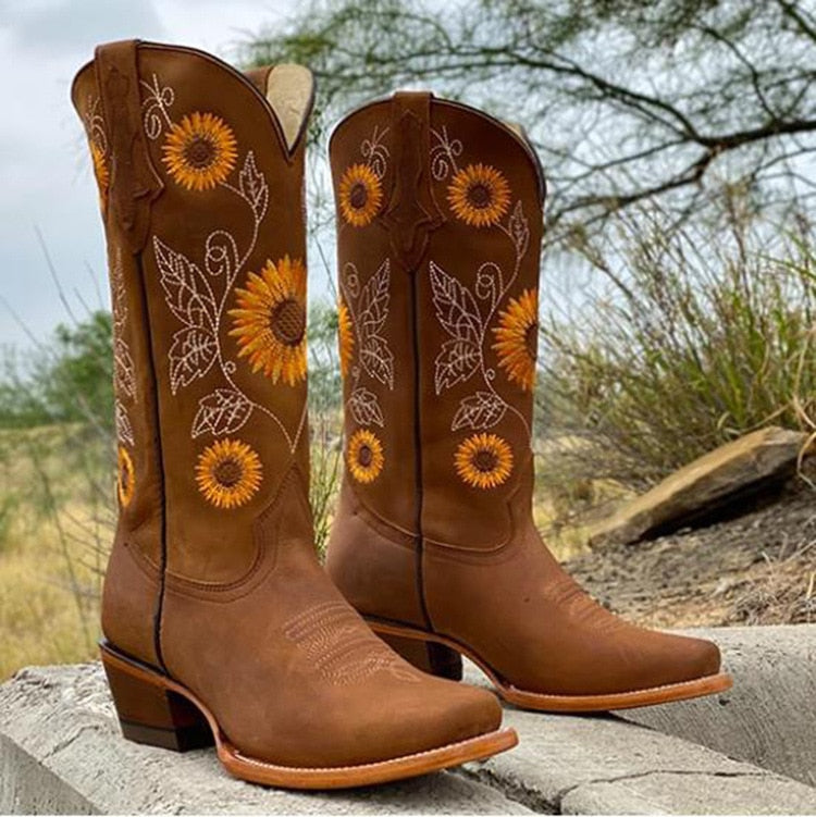 Sunflower Embroidered Scallop Top Pointed Toe Western Boot