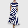 Striped Bateau Neck Short Sleeve Pocket A Line Maxi Dress