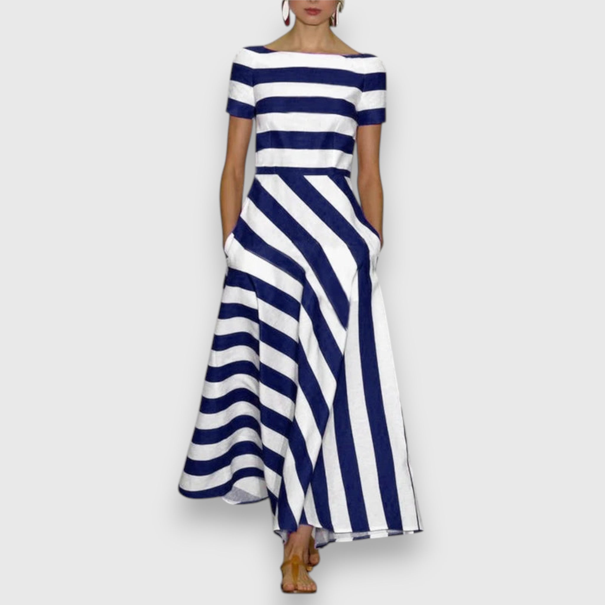 Striped Bateau Neck Short Sleeve Pocket A Line Maxi Dress