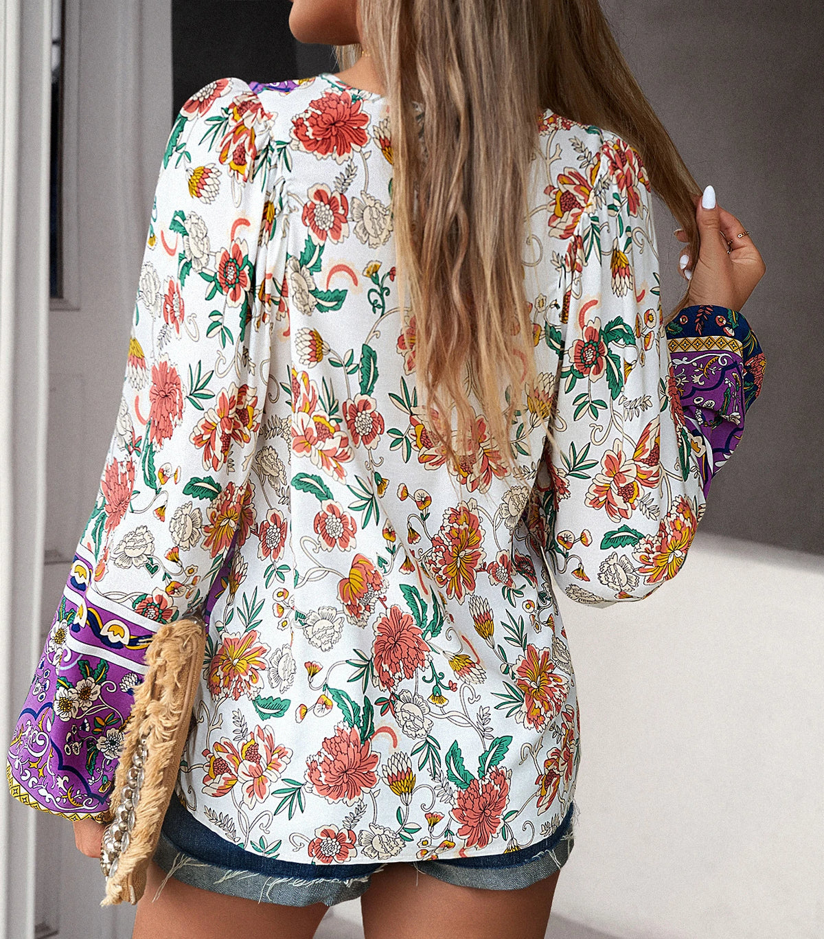Soft Rayon Floral Printed Extended Sleeve Seaside Boho Top