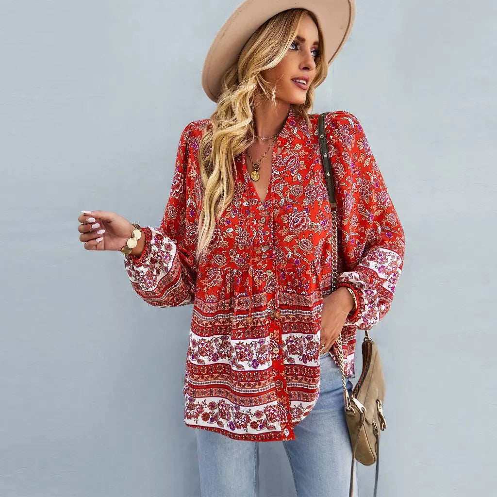 Flower Pattern Button-Up Extended Sleeve Bohemian Blouse