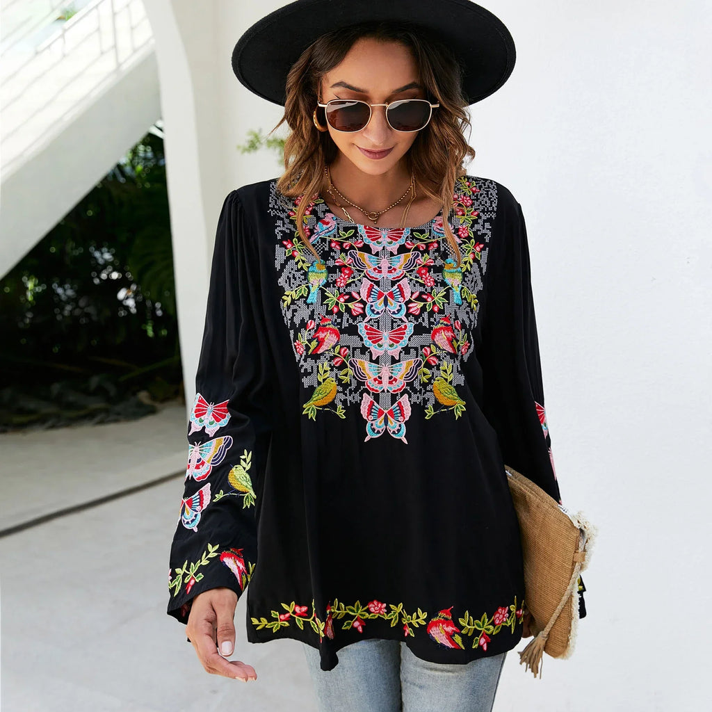 Large Flower Embroidery Baggy Cotton Boho Top