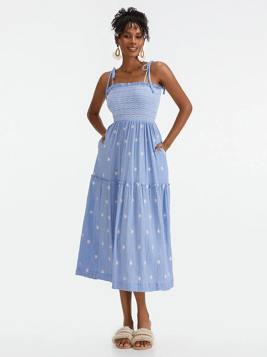 Bohemian Summer Bloom Embroidery Tie-Up Shoulder Shirred A-Line Beach Dress