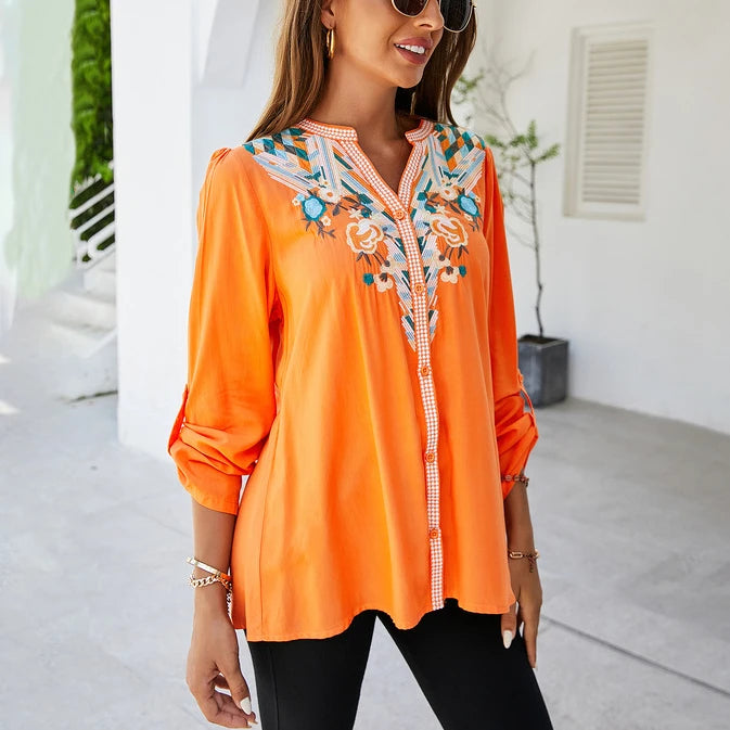 Informal Flower Stitching Large Cotton Long Sleeve Bohemian Top