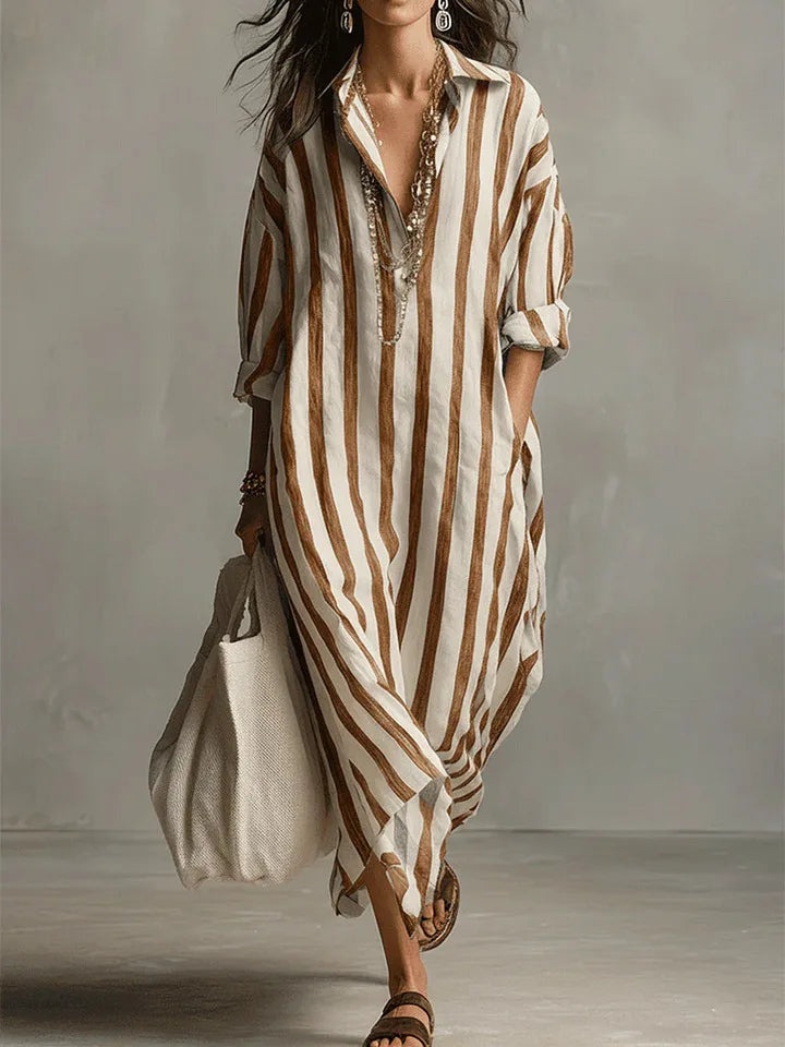 Striped Oversized Linen Shirt Casual Maxi Dress