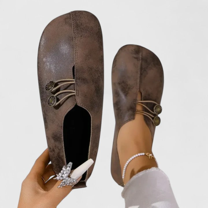 Bronze Button Lace Up Suede Round Toe Casual Flat