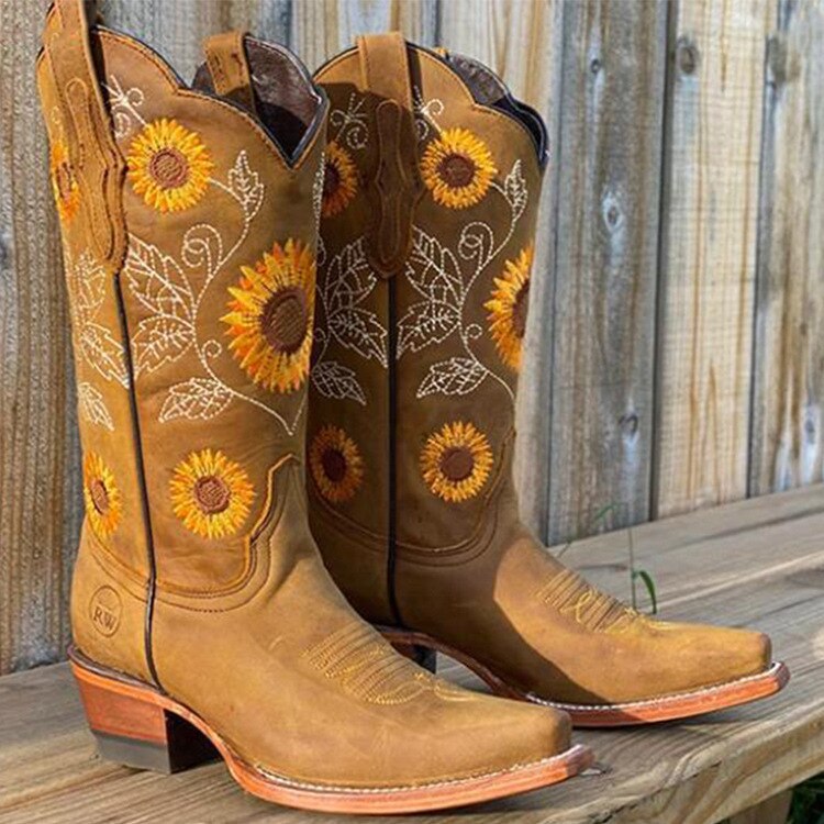 Sunflower Embroidered Scallop Top Pointed Toe Western Boot