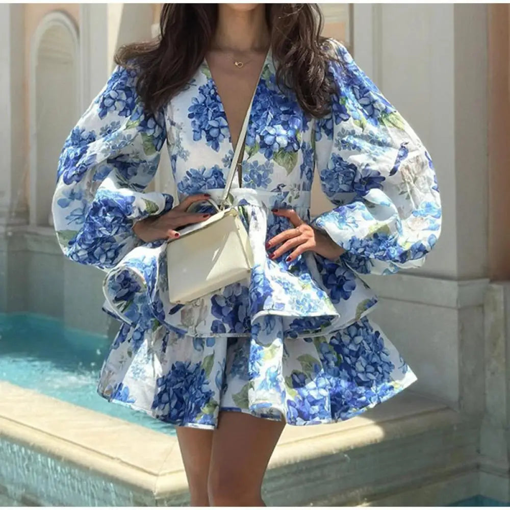 Flower V-Neck Frill Mini Flower Dress