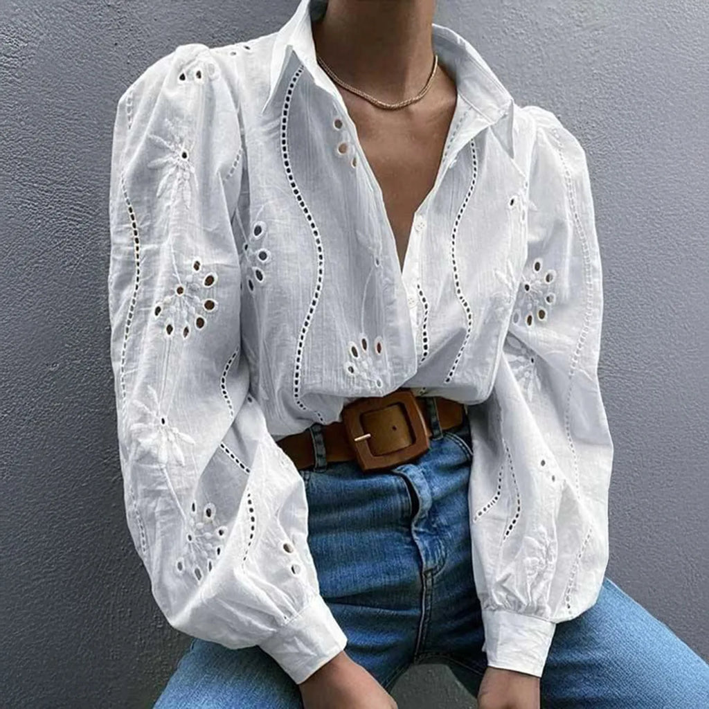 Antique Flower Stitching Hollow Out Puff Sleeve Boho Top