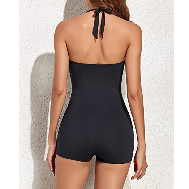 Ruched Halter Neck Sweetheart Boyleg One Piece Swimsuit