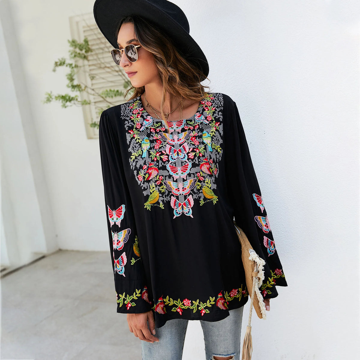 Large Flower Embroidery Baggy Cotton Boho Top