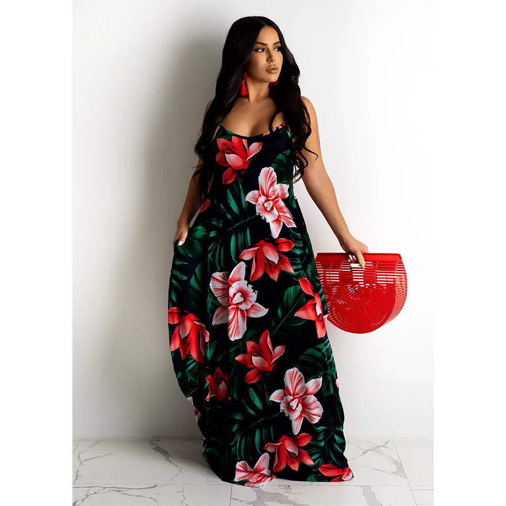 Flowing Flower Pattern Slip Dress Maxi Skirt Flower Dress