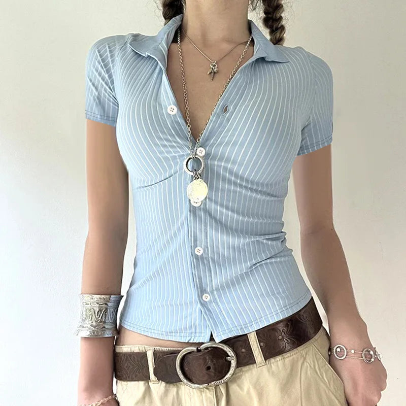 Patterned French Button-Up Fold-down Collar Blouse