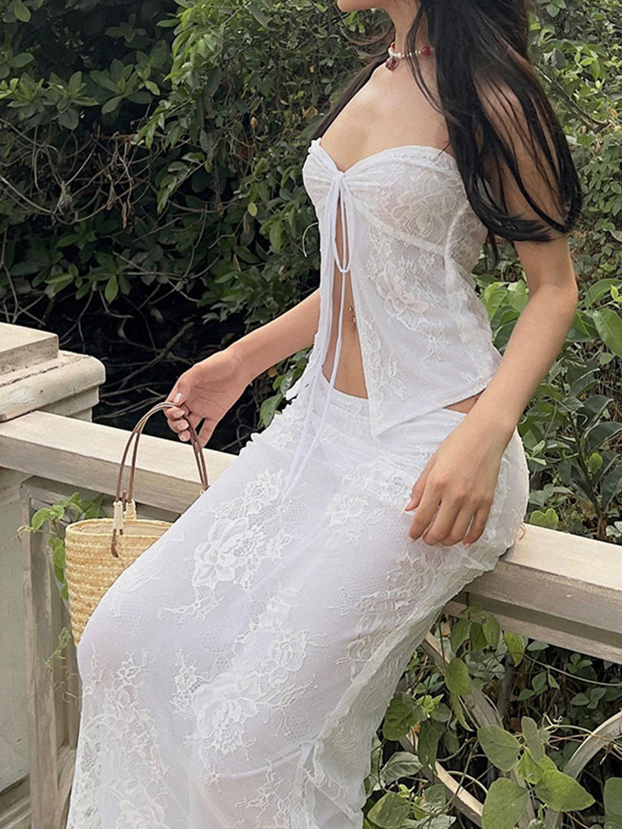 Ivory Lace Flowery Sleeveless Off-Shoulder Bandeau Wrap Flowery Dress