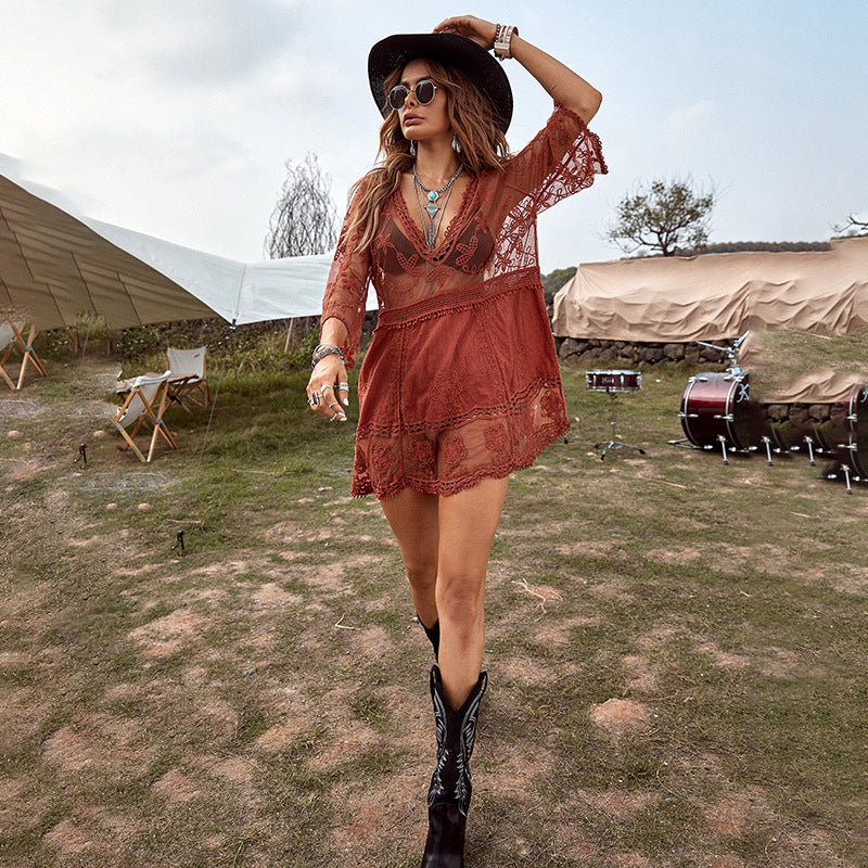 Delicate Deep Plunge Botanical Stitching Bohemian Wrap