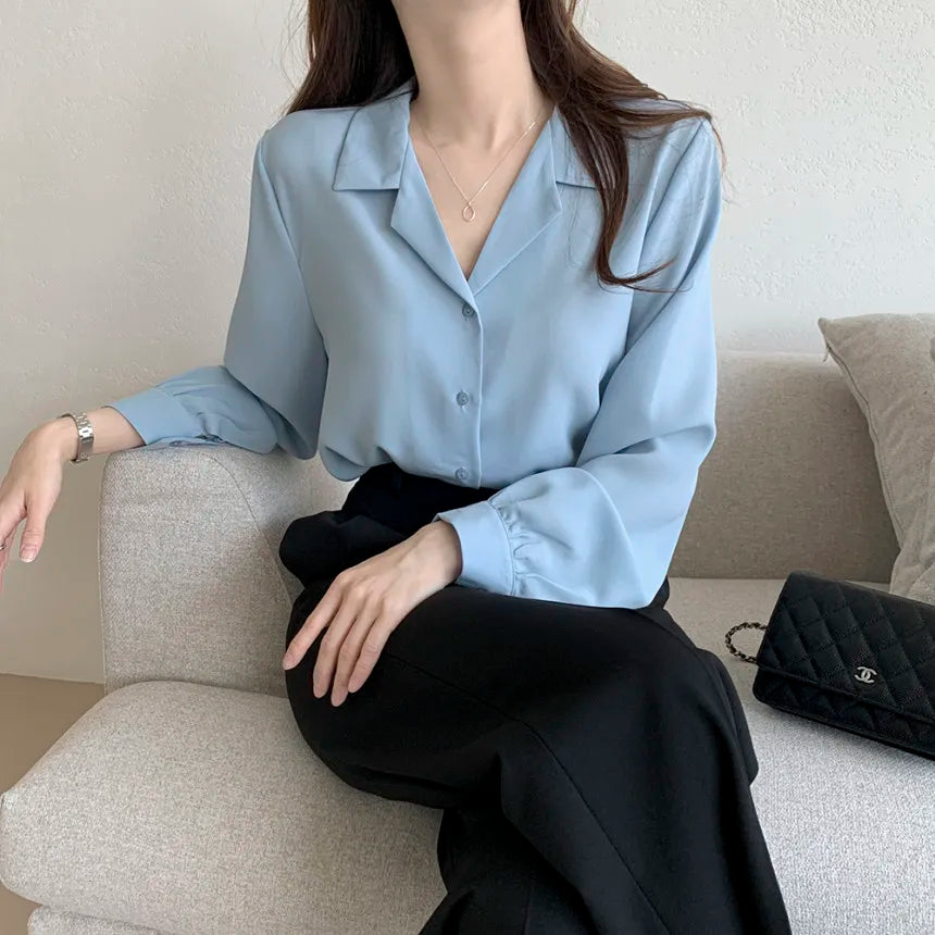 Stylish Lantern Sleeve Suit Collar Baggy Office Blouse