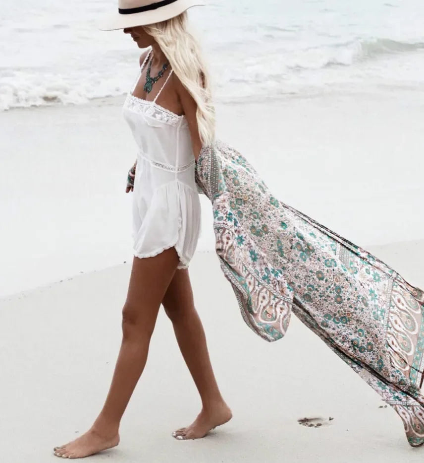 Sheer Flower Pattern Extended Sleeve Bohemian Wrap