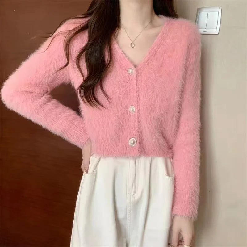 Luminous Sleeve V-Neck Monochrome Button-Up Knit Cardigan Coat