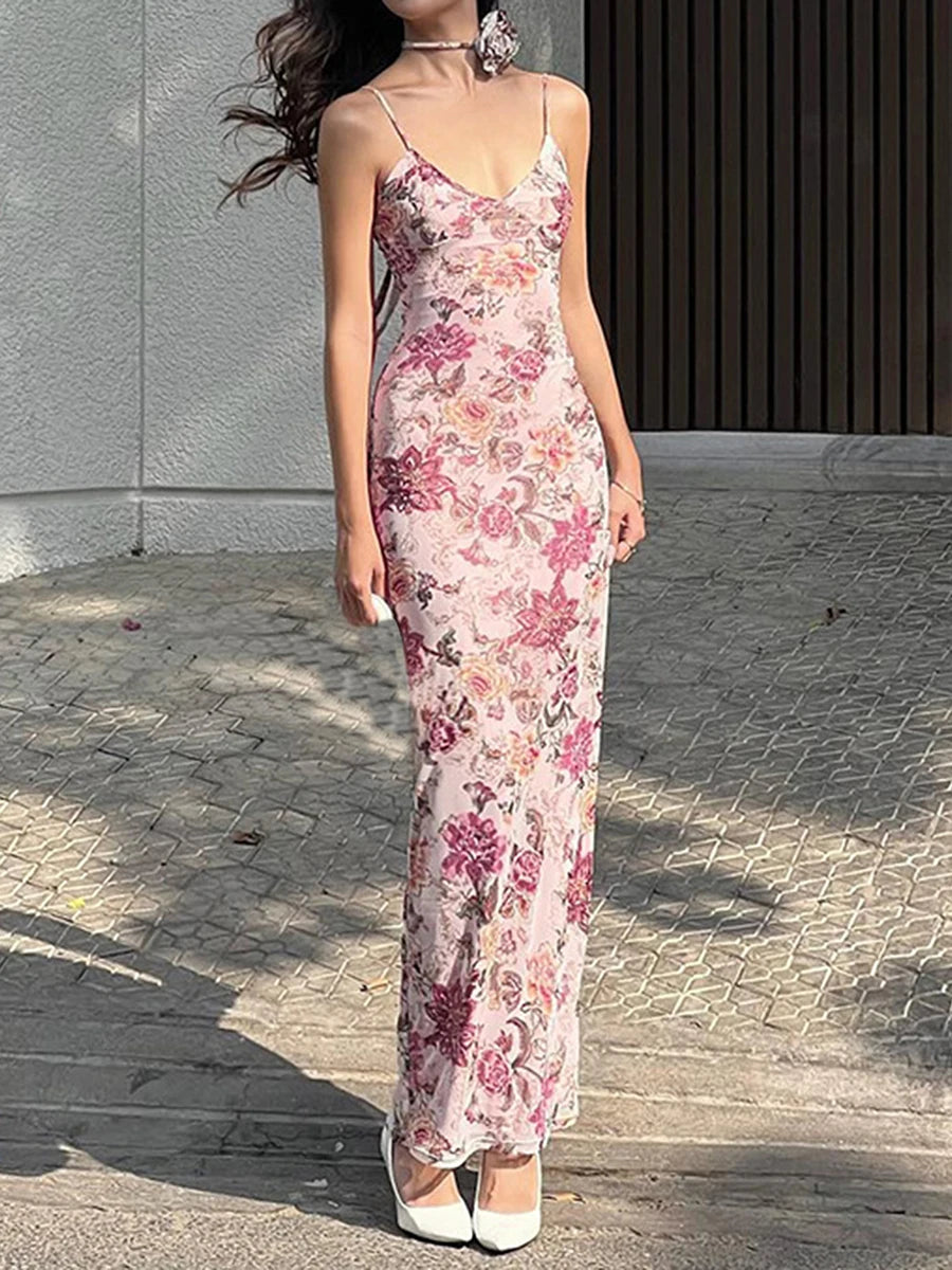 Vintage Flower Pattern Camisole Open-Back Wrap Flower Dress