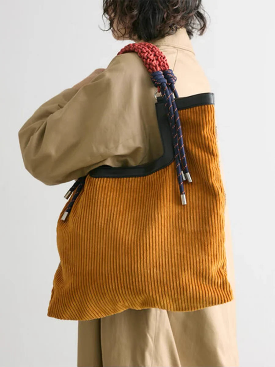 Corduroy Braided Rope Handle Leather Trim Oversized Tote Bag
