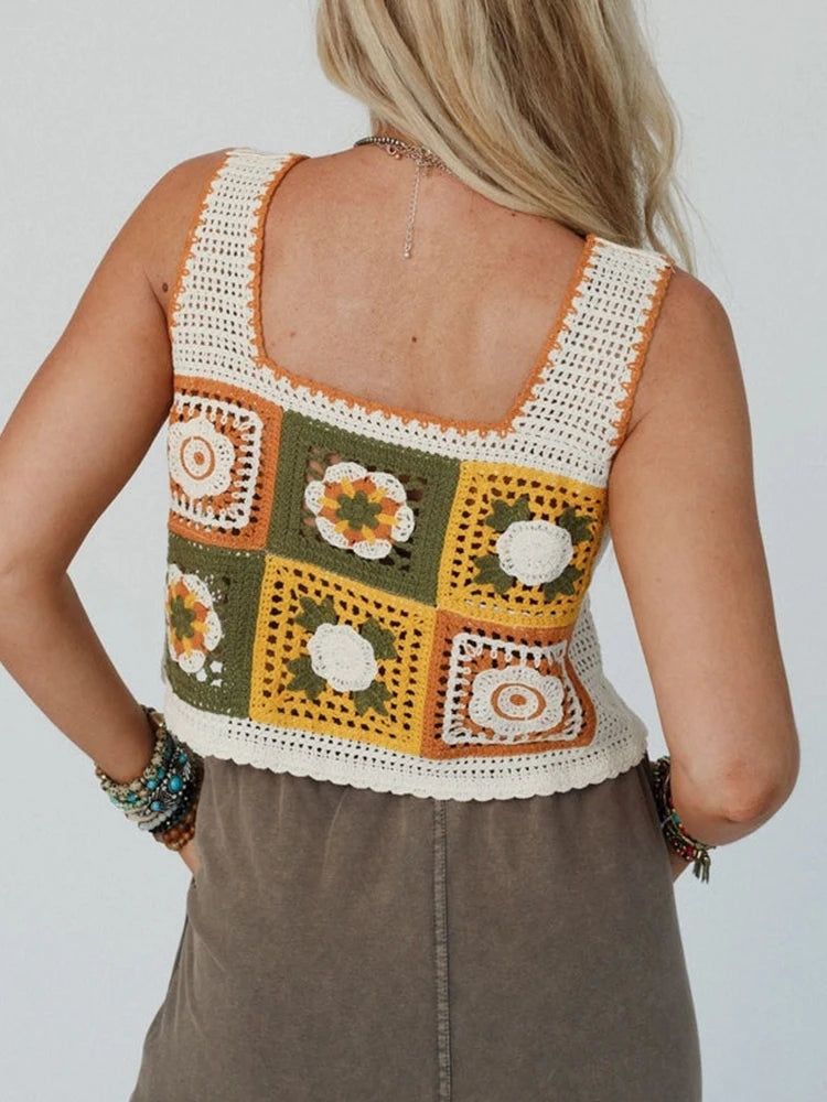 Granny Square Crochet Floral Embroidery Cami Top
Modified Output: Elderly Square Knitted Flower Stitched Camisole Top – view 3
