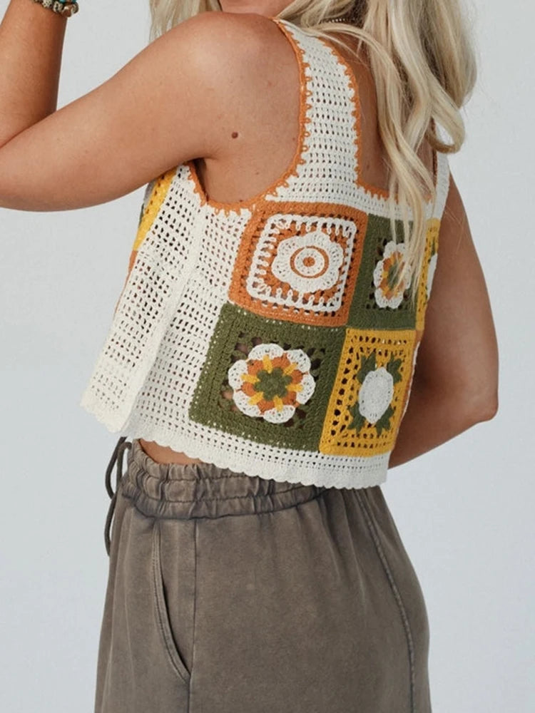 Granny Square Crochet Floral Embroidery Cami Top
Modified Output: Elderly Square Knitted Flower Stitched Camisole Top – view 2