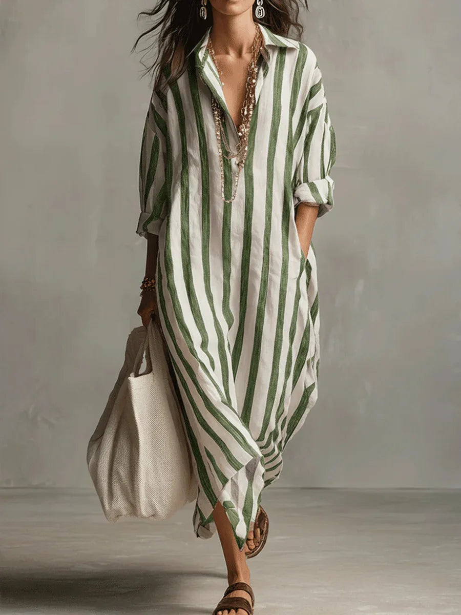 Striped Oversized Linen Shirt Casual Maxi Dress