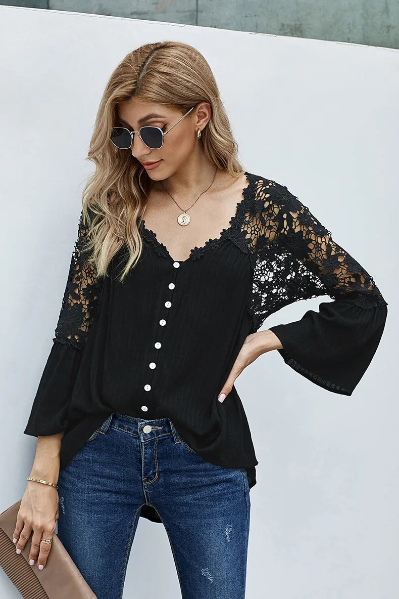 Empty Out Profound Plunge Neck Flare Sleeve Bohemian Blouse