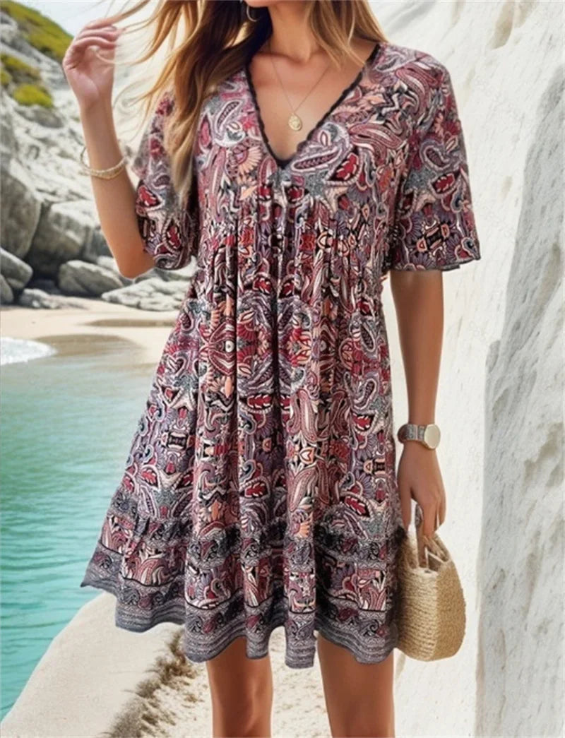 Bohemian Floral Mini Plunging Neckline Short Sleeve Beach Floral Dress