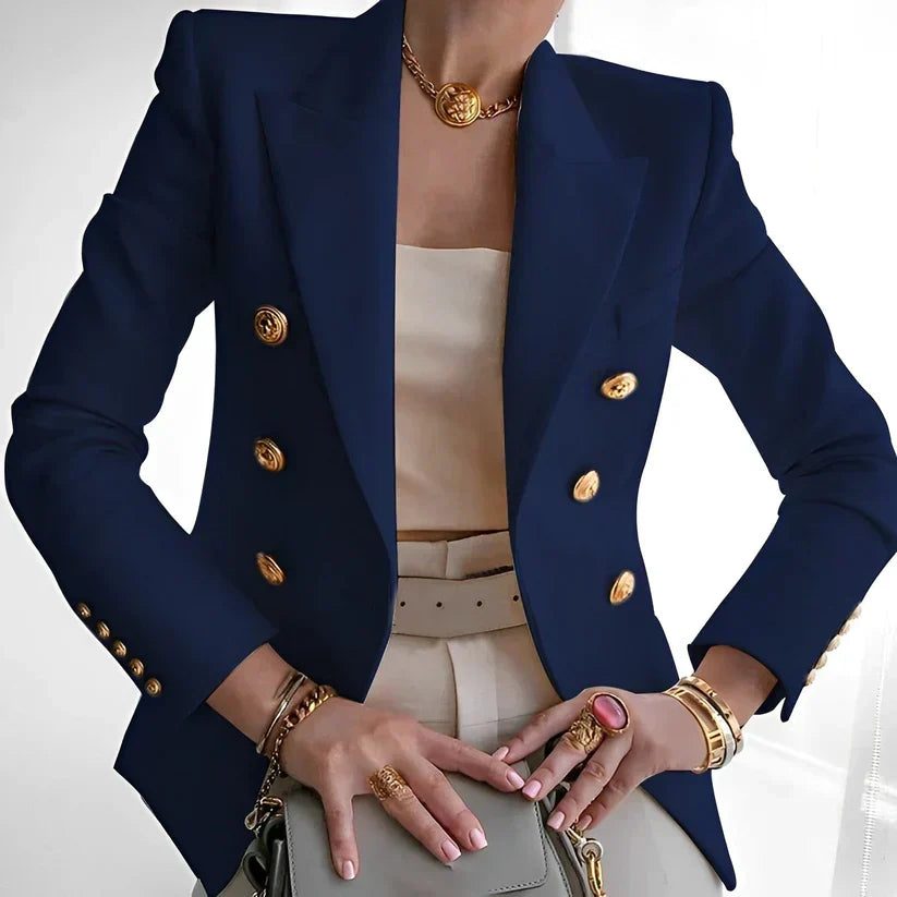 Gold Coin Button Double Breasted Peak Lapel Slim Fit Blazer