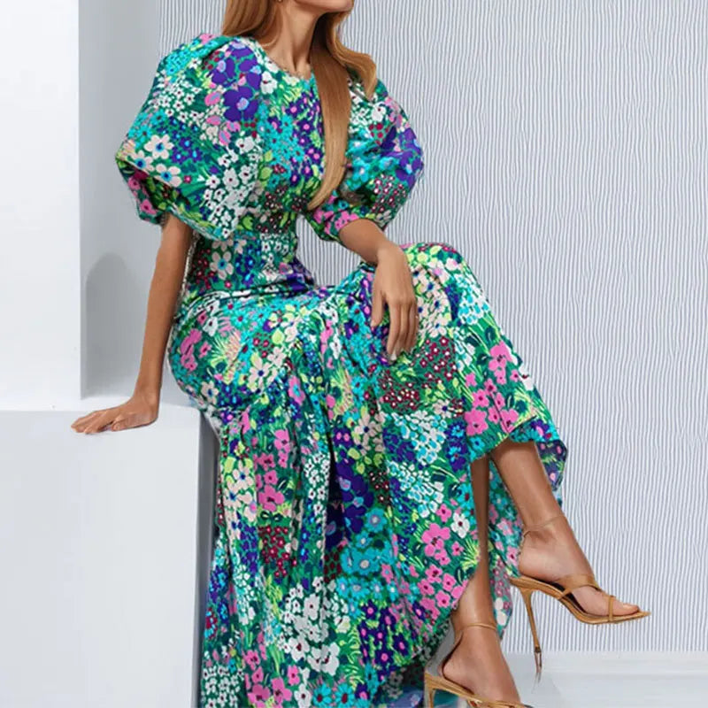 Stylish Azure Floral Lantern Sleeve Dress